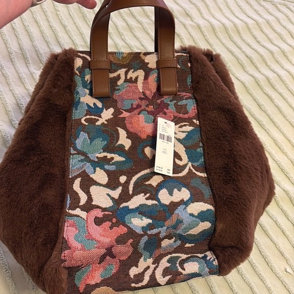 NWT Anthropologie Floral Patterned Brown Faux Fur Tote Bag - Picture 3 of 13